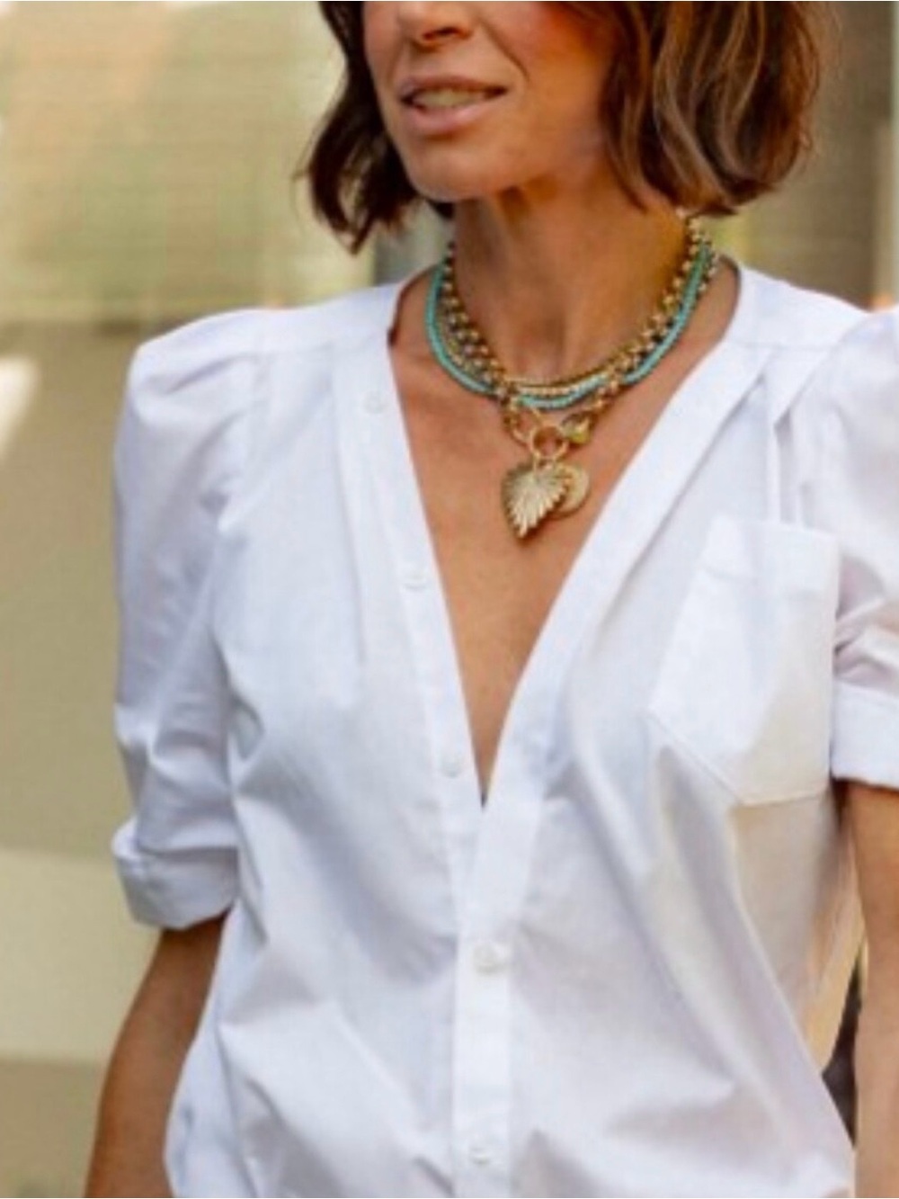 V-Neck White Button-Down Short Sleeve Shirt